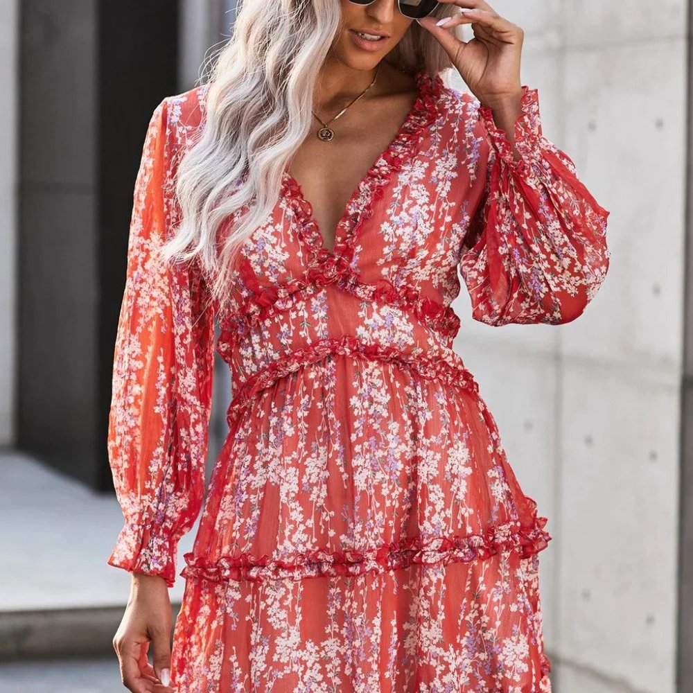 Red Ruffled Long Sleeve Open Back Floral Mini Dress